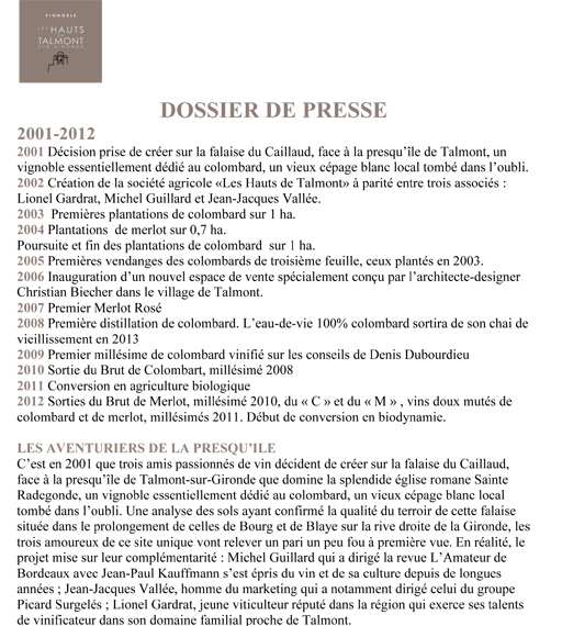 Dossier de Presse 2012 Vignoble Les Hauts de Talmont